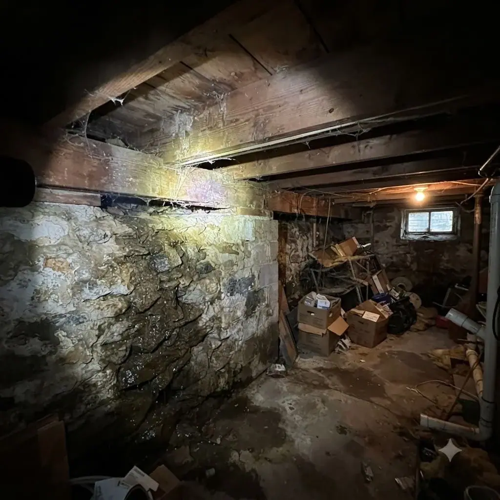 Flashlight lighting a damp basement wall during an inspection