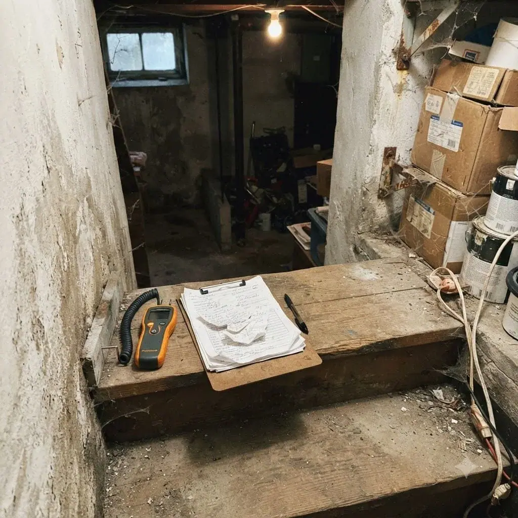 Moisture meter and clipboard on a basement stair