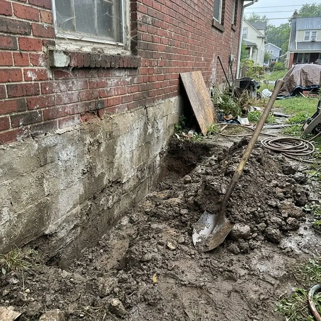 Excavated trench along an exposed foundation wall