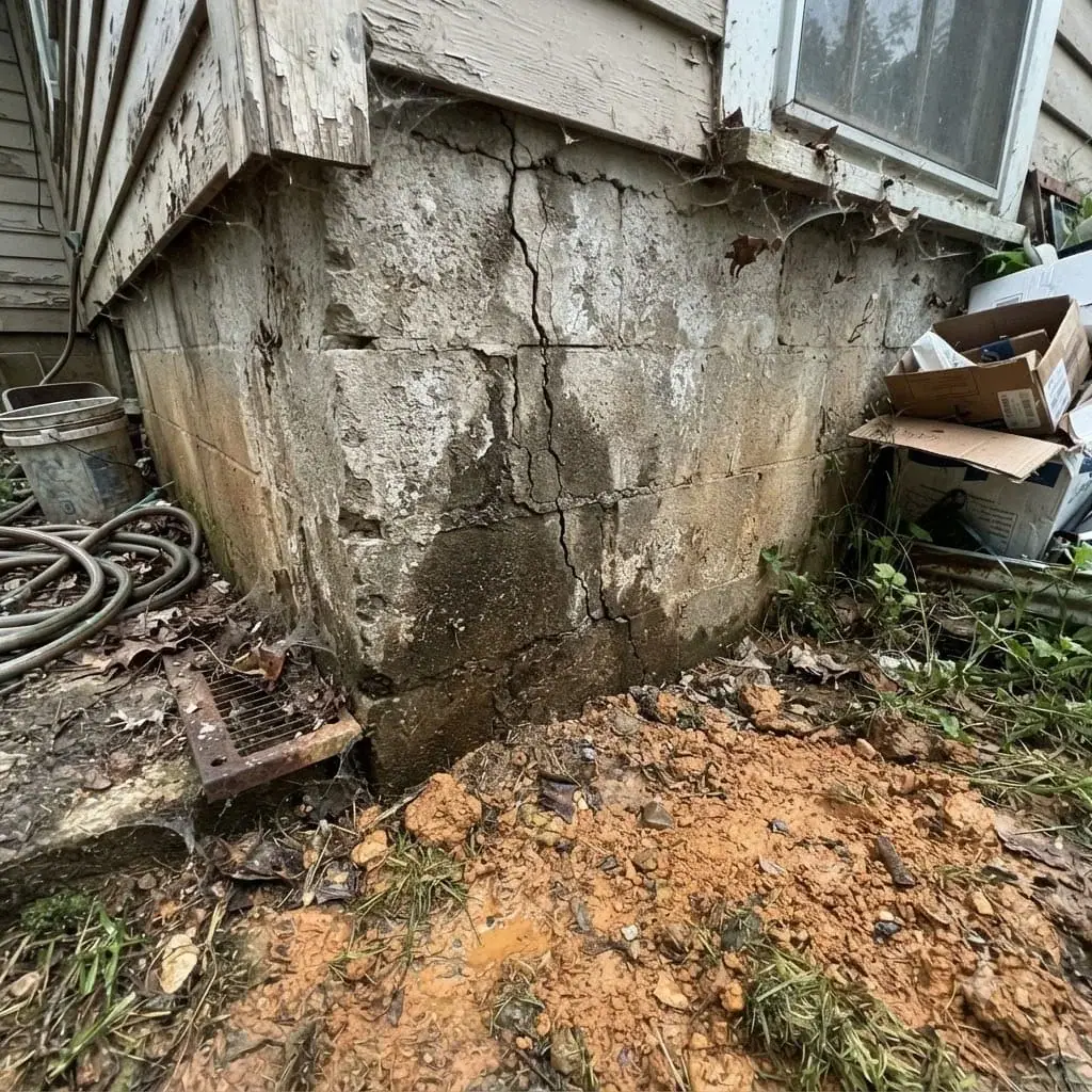Exposed foundation wall with stains and cracked mortar