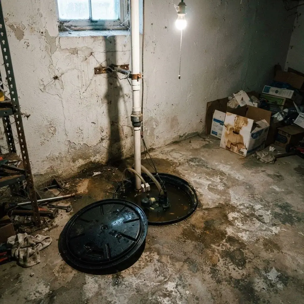 Sump pump basin set in a basement floor