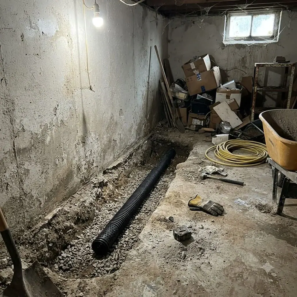 Drain channel and pipe along the base of a basement wall