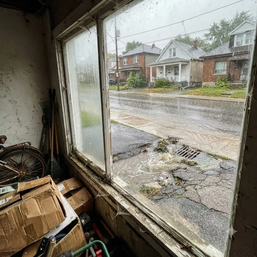 Heavy rain running along a residential street gutter