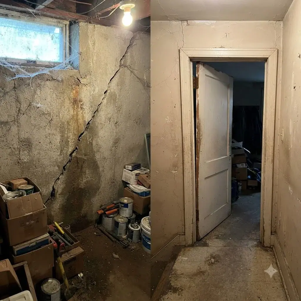 Diagonal crack through a basement wall in an older house