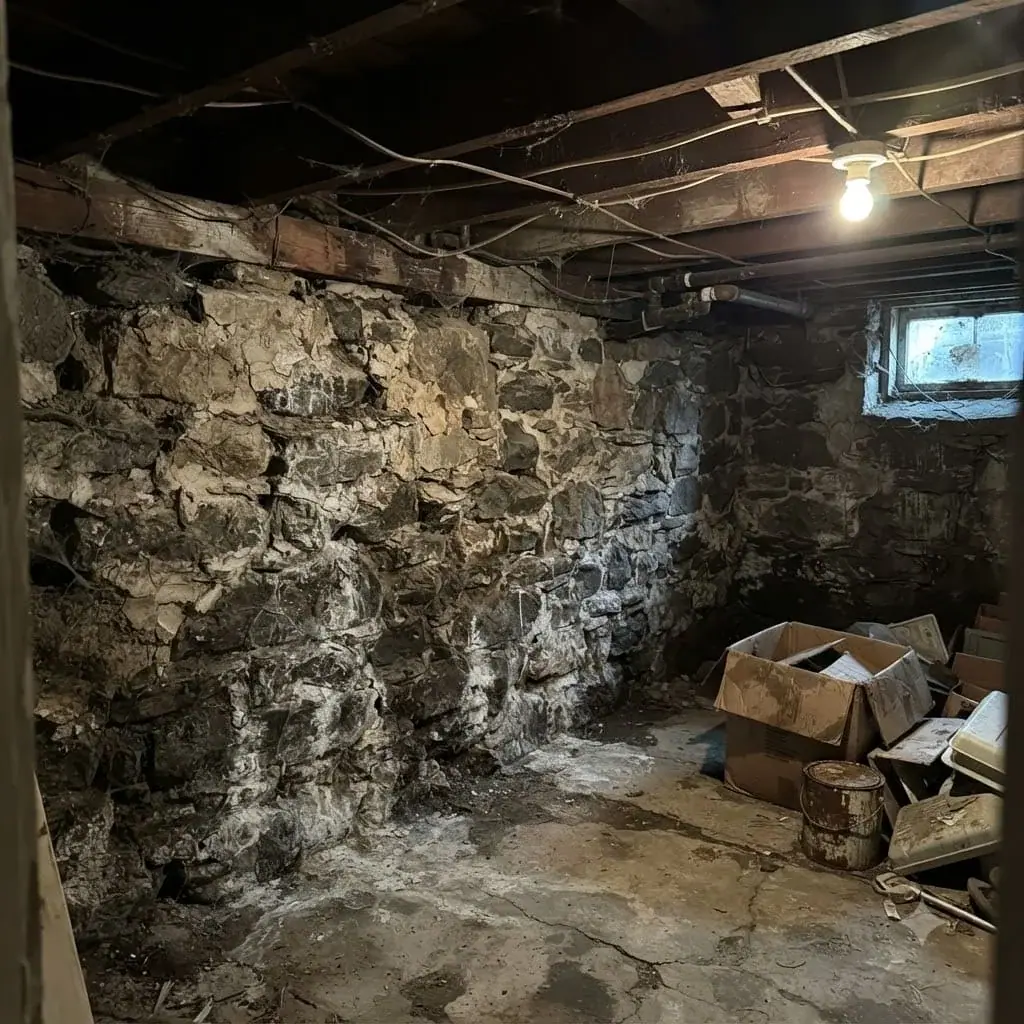 Old fieldstone basement wall with crumbling mortar